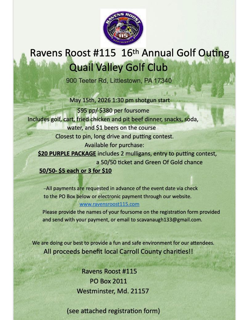 Ravens Roost #115   Annual Golf Outing  June 10, 2022 Quail Valley Golf Club 